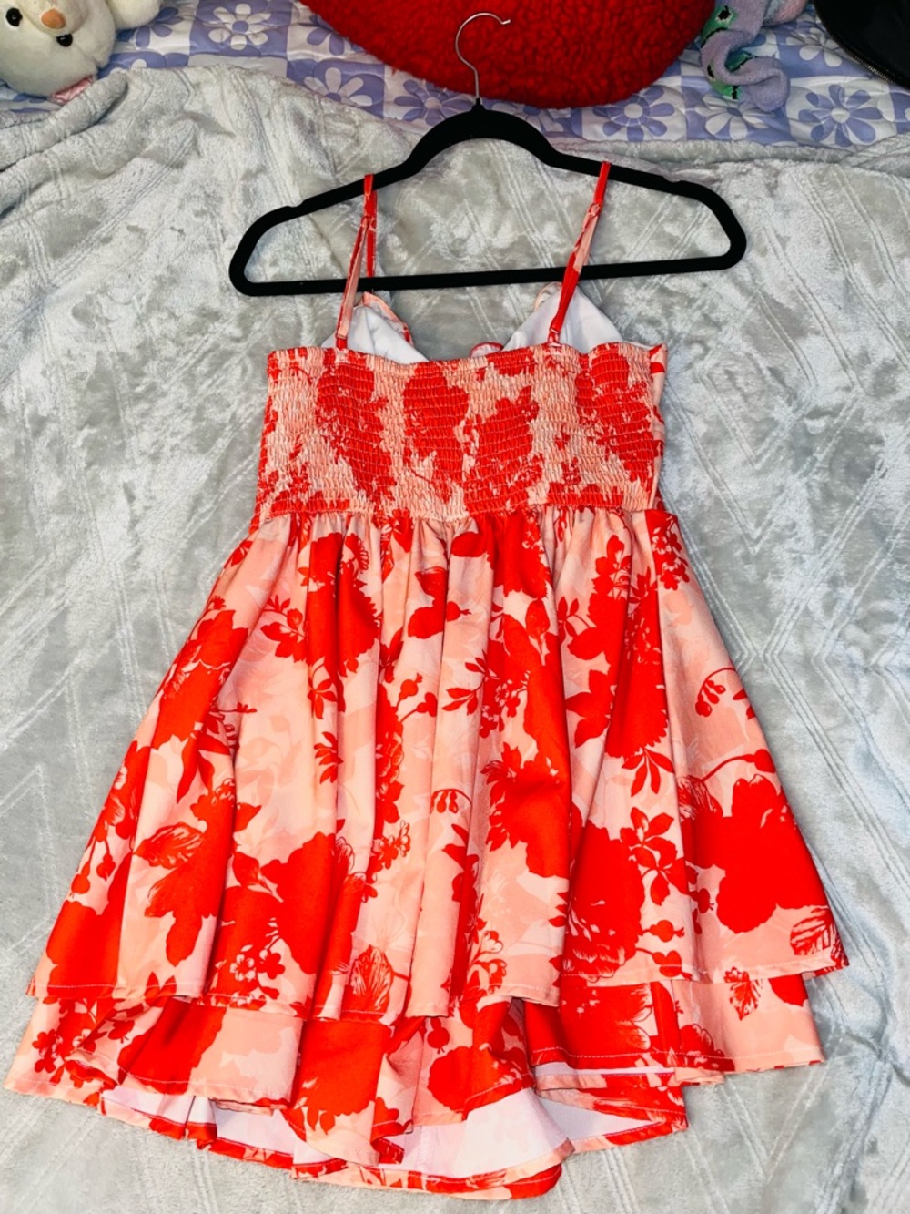 SHEIN Red & Pink Floral Smocked Tiered Mini Dress